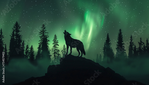 A wolf howls atop a rock against the mystical backdrop of the aurora borealis in a star-filled night sky above the forest © Seasonal Wilderness