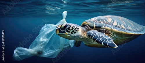 A hawksbill turtle is depicted swimming in the ocean surrounded by water. It is carrying a plastic bag in its mouth, highlighting the environmental issue of plastic pollution in marine ecosystems. © TheWaterMeloonProjec
