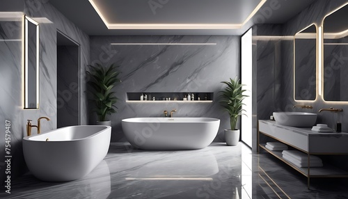 Grey marble bathroom design interior. Sleek grey marble bathroom with LED lighting  double vanity  and freestanding tub. Generative AI