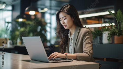 Close up portrait of young beautiful woman smiling while working with laptop in office.