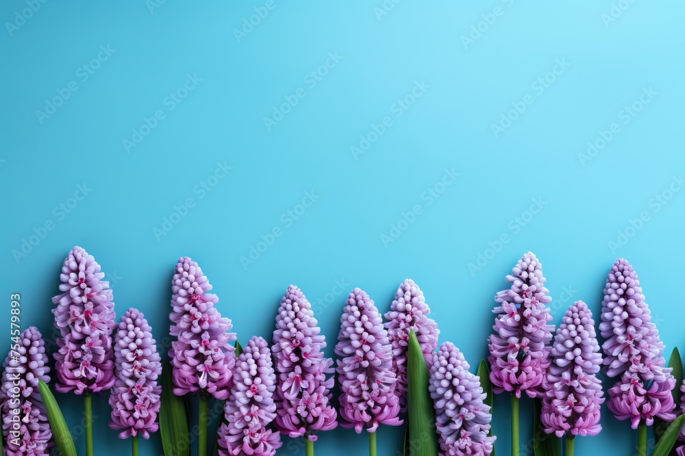Fresh purple hyacinth flowers on blue background with copy space. Bouquet of violet hyacinths. Springtime. Banner or greeting card for birthday, Women's, Mother's and Valentine's day Fresh purple hyacinth flowers on blue background with copy space. Bouquet of violet hyacinths. Springtime. Banner or greeting card for birthday, Women's, Mother's and Valentine's day