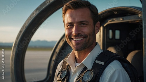 A very handsome 35-year-old airplane pilot poses smilingly photo