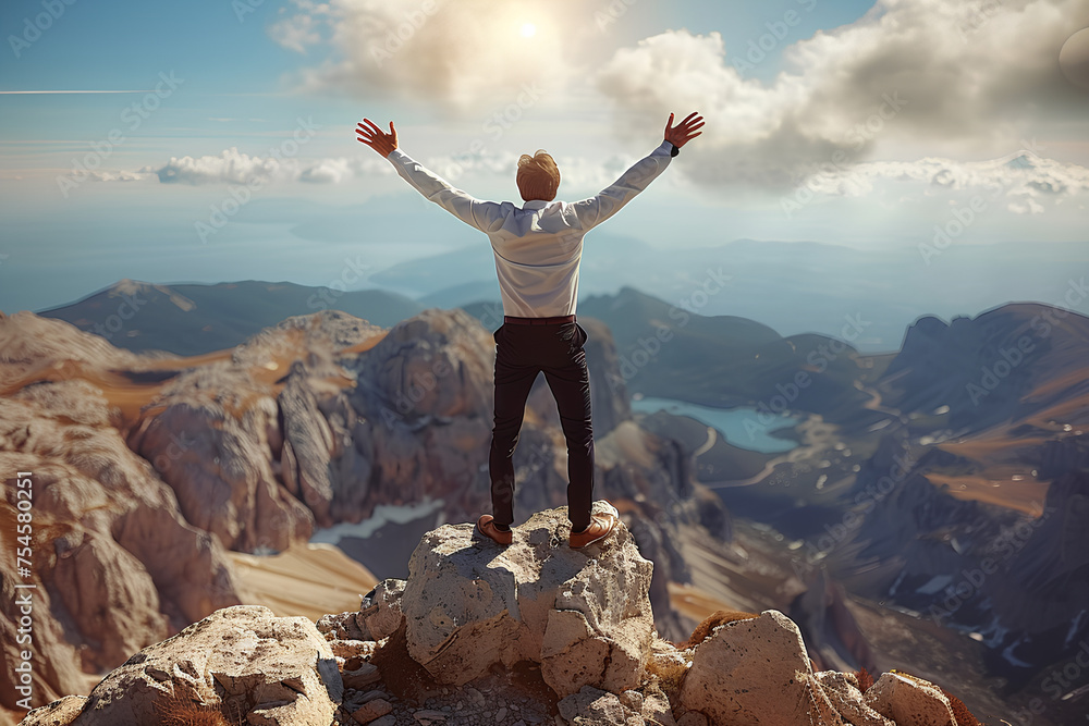 Excited young businessman jumping keeping arms raised hiking the mountain peak - Celebrating success, winner and leader concept Excited young businessman jumping keeping arms raised hiking the mountain peak - Celebrating success, winner and leader concept