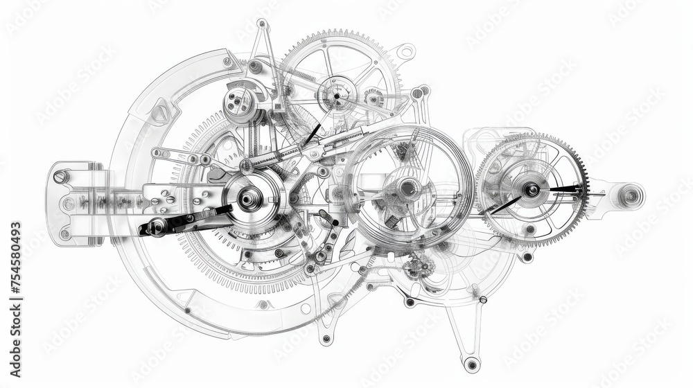 Clock mechanism showcased in a wire-frame render isolated on white Clock mechanism showcased in a wire-frame render isolated on white