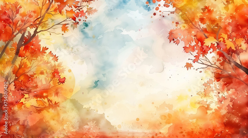 Abstract autumn watercolor art. Bright warm colors  fall leaves  trees  sky  clouds. Frame  background for text
