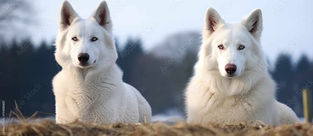 Two white dogs are sitting next to each other in the grassy field. They appear calm and content as they look around.