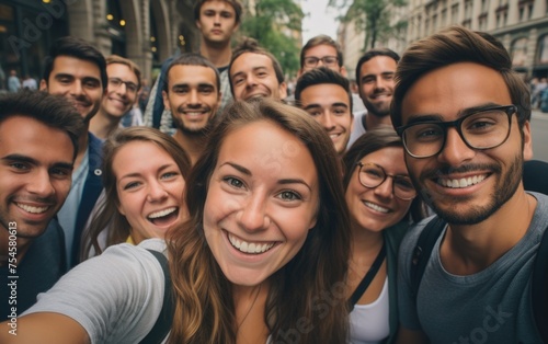 Global smiles  capturing joy in group selfies of cheerful and happy young people diverse nationalities  celebrating unity  friendship  cultural harmony in shared moments of happiness and togetherness.