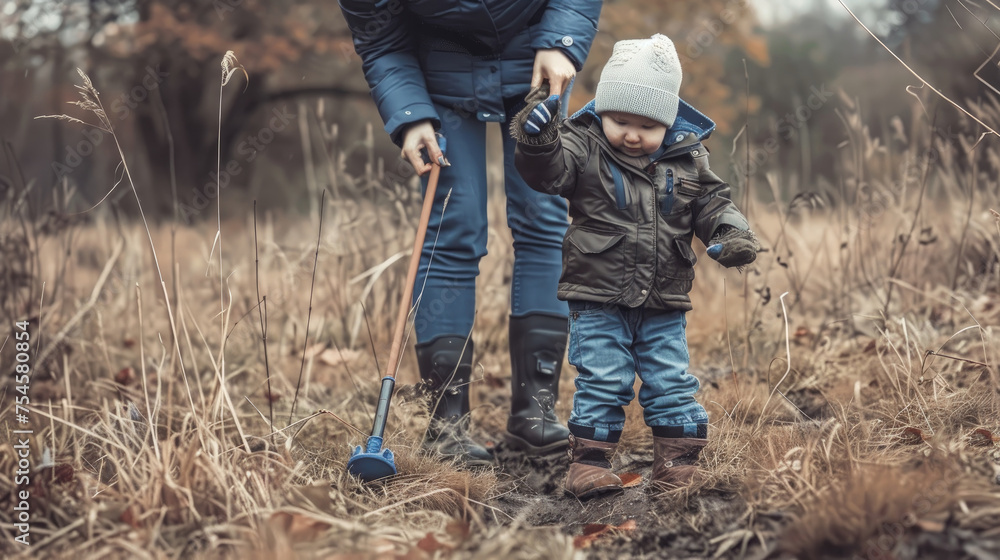 A woman is holding a childs hand as they walk through a field, surrounded by tall grass and wildflowers A woman is holding a childs hand as they walk through a field, surrounded by tall grass and wildflowers