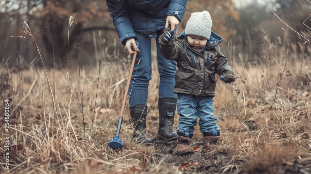 A woman is holding a childs hand as they walk through a field, surrounded by tall grass and wildflowers