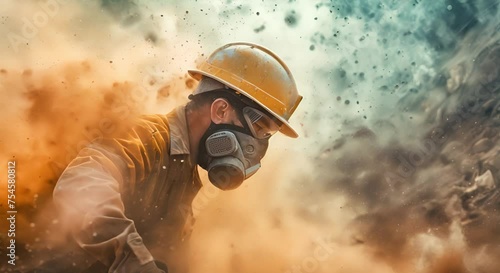 Construction Worker Protected by High-Quality Dust Mask in Glass Wool Dust Environment
 photo