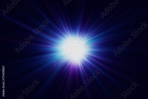  The star flashed with bright light. The glowing light explodes. The effect of glare and light. Flash of sunlight with rays.