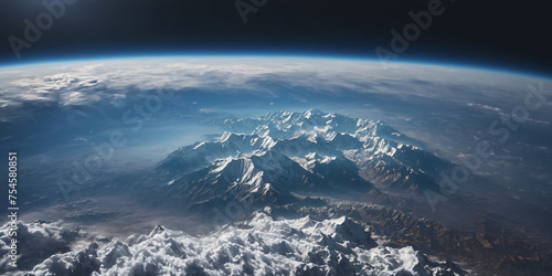 Realistic Earth From Space Close Up Atmosphere Himalayas Alps and Andes Snowy Mountain Ranges photo