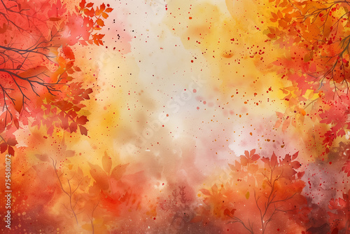 Abstract autumn watercolor art. Bright warm colors, fall leaves, trees. Frame, background for text