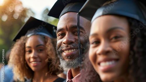 Gathering of people dressed in graduation attire, donning caps and gowns in preparation for a commencement ceremony