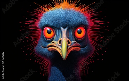 Close up of a coloured  emu staring at the camera on black backround © ART IMAGE DOWNLOADS