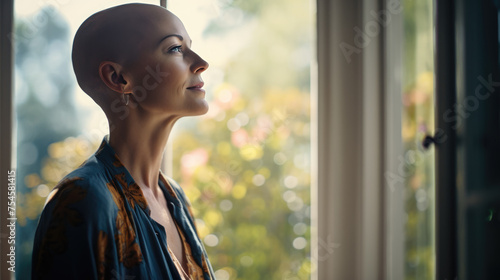 Bald woman in soft light from a window