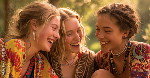 A group of young women of varied ethnicities and styles sitting closely next to each other, engaged in conversation, with smiles on their faces © sommersby