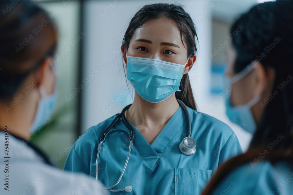 A woman in a blue scrubs is wearing a mask and talking to two other people. Concept of International Day of Midwives International Nurses Day A woman in a blue scrubs is wearing a mask and talking to two other people. Concept of International Day of Midwives International Nurses Day