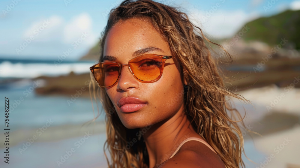 A woman in sunglasses enjoying the sun on a sandy beach, surrounded by the ocean waves A woman in sunglasses enjoying the sun on a sandy beach, surrounded by the ocean waves