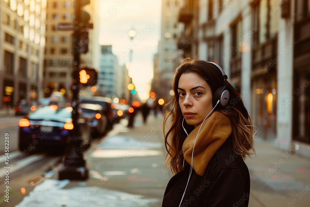  woman on a city sidewalk, headphones on, distant gaze with unfocused eyes