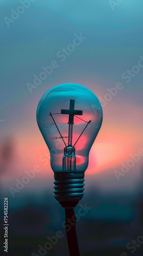 Light Bulb With a Cross Inside Against Sky Background