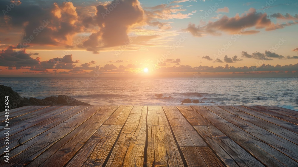 Wooden Deck Overlooking the Ocean at Sunset