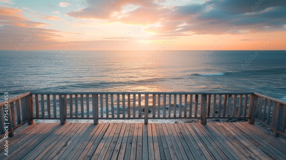 Obraz premium Wooden Deck Overlooking the Ocean at Sunset