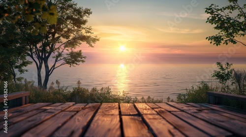Wooden Deck Overlooking the Ocean at Sunset