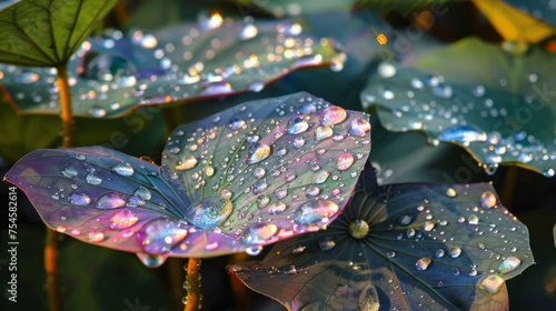Morning dew drops on a taro leaf, resembling jewels on the surface © Orxan