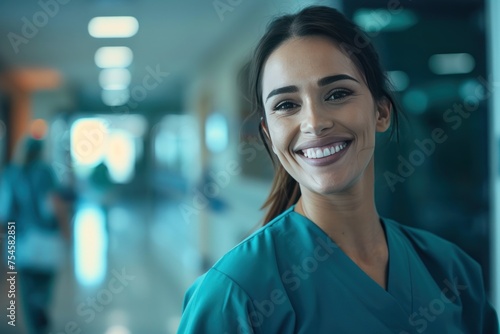 A woman in a blue scrubs is smiling and posing for a picture. She is wearing a blue shirt. Concept of International Day of Midwives International Nurses Day
