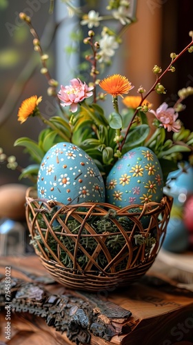 Easter eggs decorated with floral patterns in a wicker basket, surrounded by spring blooms. Concept of Easter traditions, spring decor, and festive ornaments. Vertical