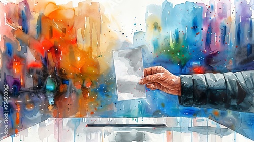 Watercolor illustration of male hand placing ballot into a voting box. Man voting. Voter. Concept of presidential elections, democracy, civic duty, political process, freedom, art. Aquarelle