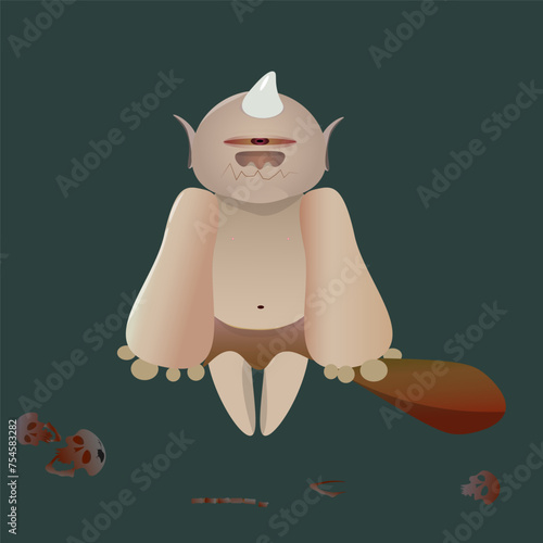 Cartoon cyclops with a club and human bones on a green background