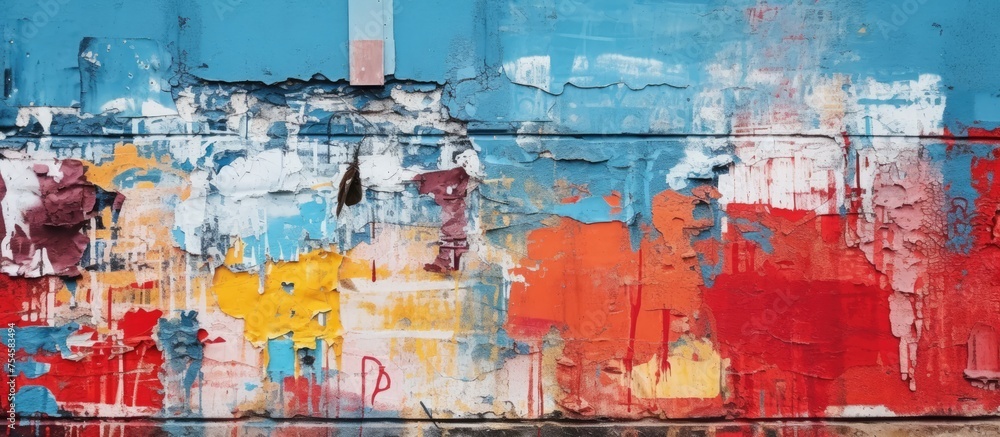 A blue and red wall with colorful paint splatters and drips, creating an abstract and textured background. The wall appears to be part of an urban environment, possibly used for advertising purposes. A blue and red wall with colorful paint splatters and drips, creating an abstract and textured background. The wall appears to be part of an urban environment, possibly used for advertising purposes.