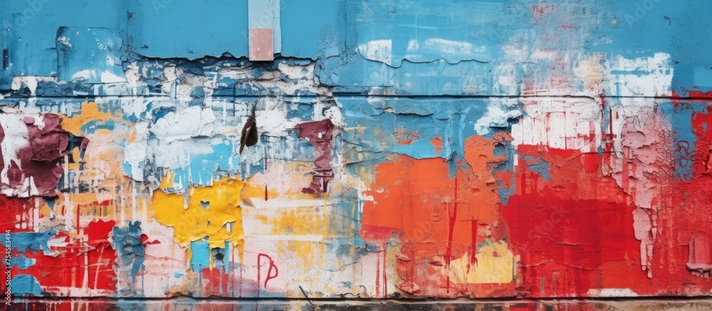 A blue and red wall with colorful paint splatters and drips, creating an abstract and textured background. The wall appears to be part of an urban environment, possibly used for advertising purposes.