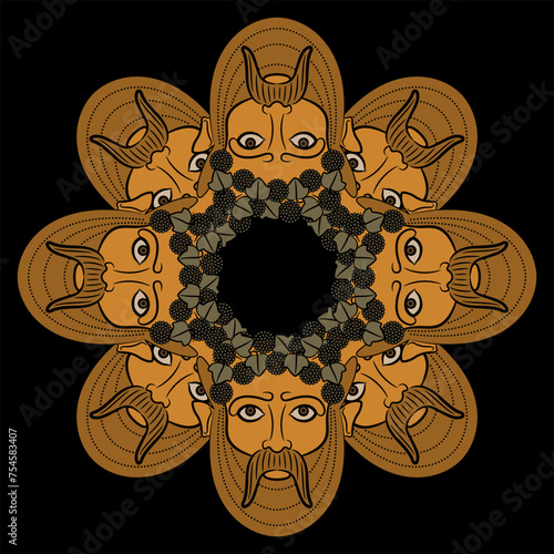 Round ethnic mandala with antique masks of god Bacchus. Bearded horned male faces wearing grape wreaths. Vase painting style. On black background.