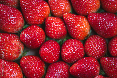 Strawberry background, Juicy red strawberries, close-up of delicious healthy strawberries, juicy strawberries from organic farming