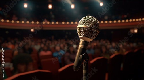 Microphone on stand awaits performance in dark auditorium