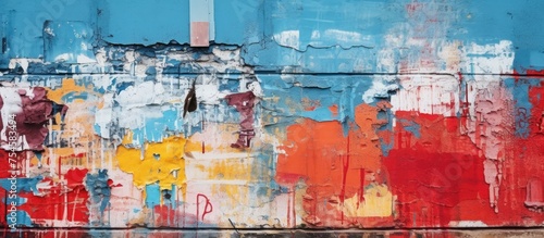 A blue and red wall with colorful paint splatters and drips, creating an abstract and textured background. The wall appears to be part of an urban environment, possibly used for advertising purposes.