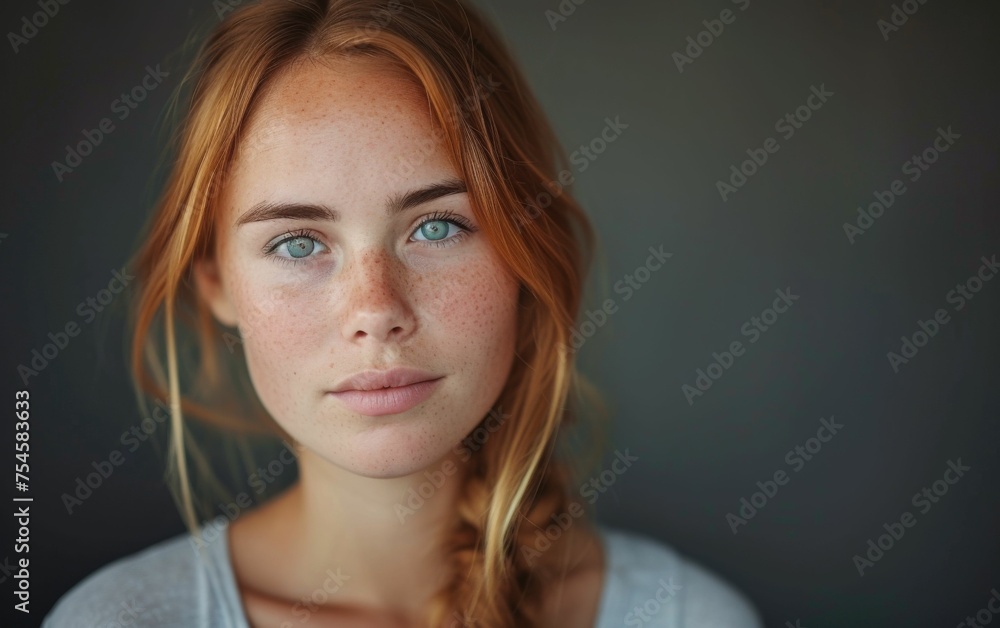 A woman with red hair and blue eyes is standing in front of a grey background. She has a braid in her hair and is wearing a white shirt A woman with red hair and blue eyes is standing in front of a grey background. She has a braid in her hair and is wearing a white shirt