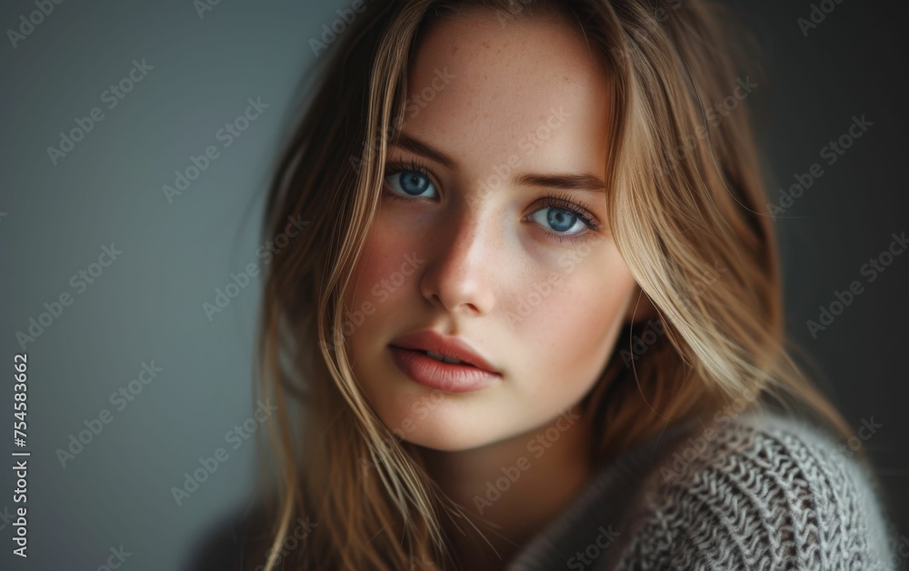 A woman with long blonde hair and blue eyes is wearing a sweater. She has a nice smile on her face A woman with long blonde hair and blue eyes is wearing a sweater. She has a nice smile on her face