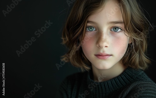 A young girl with a puffy face and green eyes. She is wearing a black sweater and is looking directly at the camera