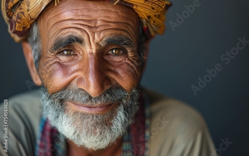 A man with a beard and a turban on his head is smiling. He has a very serious expression on his face