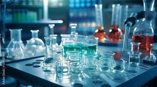 A table full of glass beakers and test tubes with various liquids in them