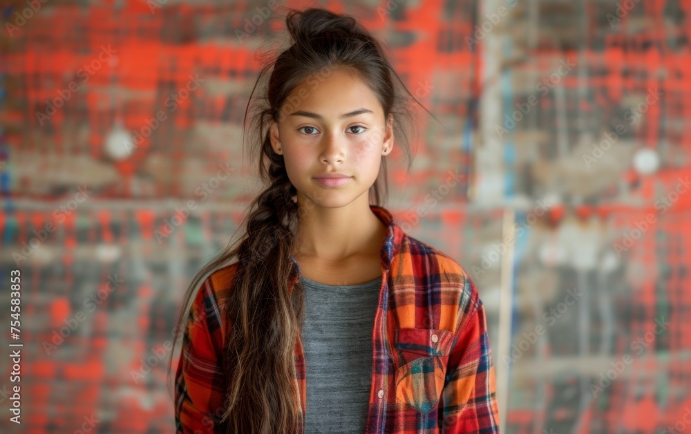 Fototapeta premium A girl with long hair and a plaid shirt is standing in front of a red wall. The girl has a serious expression on her face