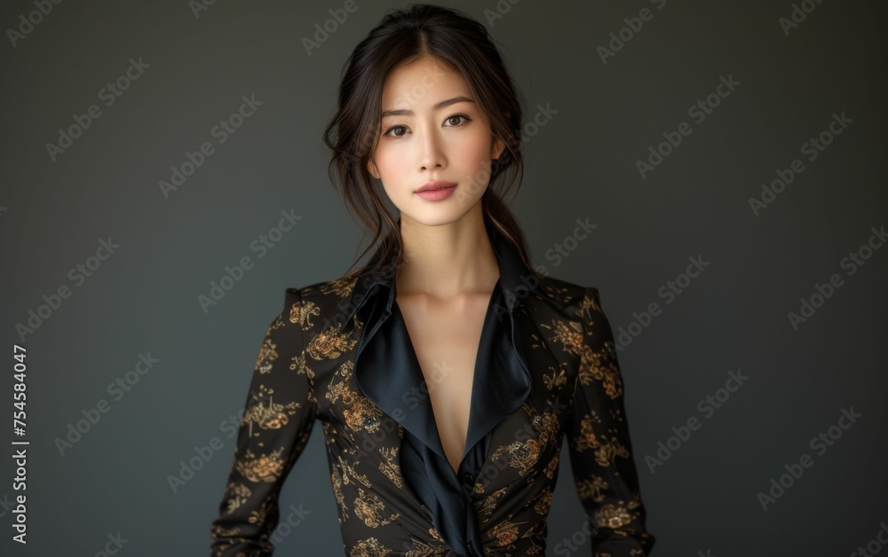 A woman in a black dress with a floral pattern. She is wearing a black jacket and has her hair in a bun A woman in a black dress with a floral pattern. She is wearing a black jacket and has her hair in a bun