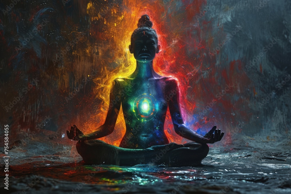Obraz premium Pacifying spirituality: meditation, spiritual practice, expanded consciousness, chakra activation, astral body, mystical inspiration, and the interconnected energy of the human chakra system