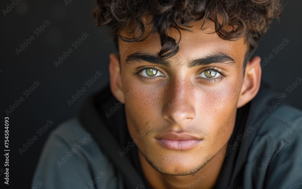 A young man with green eyes and a beard is wearing a black hoodie. He is looking directly at the camera A young man with green eyes and a beard is wearing a black hoodie. He is looking directly at the camera