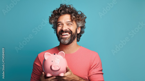 Man smiling broadly, and holding a piggybank, signifying responsible financial planning and savings.