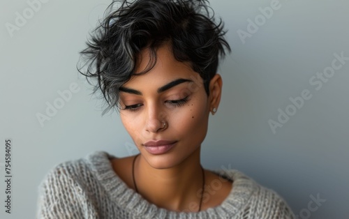 A woman with short hair and a gray sweater is looking at the camera. She has a nose piercing and is wearing a necklace